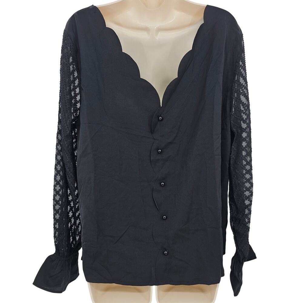 Cupshe Womans size L Black Reversible Boatneck Sheer Poet Sleeve Blouse NEW